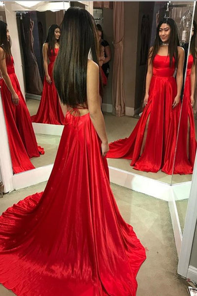 Simple Backless Red Satin Long Prom Dresses, Backless Red Formal Graduation Evening Dresses