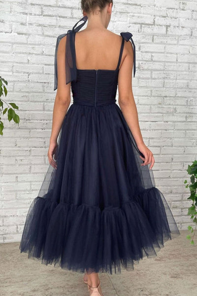 Simple Dark Blue Tulle Open Back Tea Length Prom Dresses, Dark Blue Tulle Formal Graduation Evening Dresses