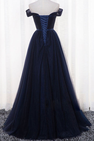 Simple Off Shoulder Navy Blue Tulle Long Prom Dresses, Off the Shoulder Navy Blue Formal Dresses, Navy Blue Evening Dresses