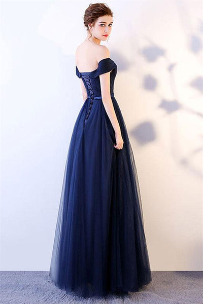 Simple Off Shoulder Navy Blue Tulle Long Prom Dresses, Off the Shoulder Navy Blue Formal Dresses, Navy Blue Evening Dresses