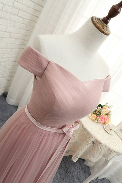 Simple Off Shoulder Pink Tulle Long Prom Dresses, Off the Shoulder Pink Formal Graduation Evening Dresses