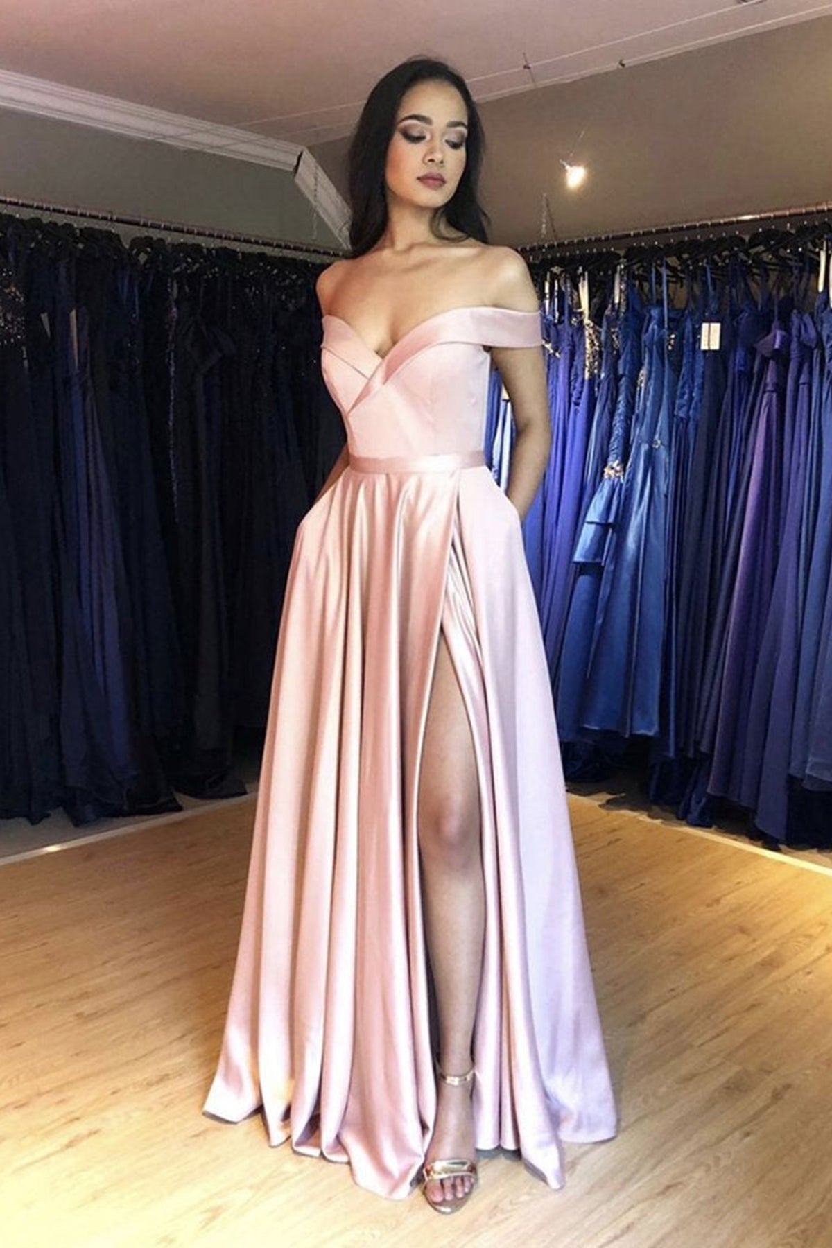 Simple Off the Shoulder Pink Satin Long Prom Dresses, Off Shoulder Pink Formal Dresses, High Slit Pink Evening Dresses