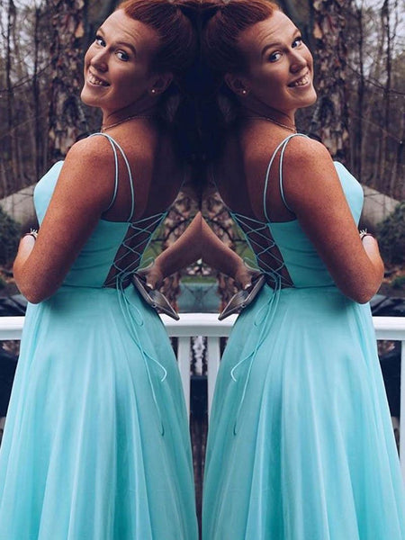 Simple Open Back Blue Chiffon Long Prom Dresses, Open Back Blue Formal Graduation Evening Dresses