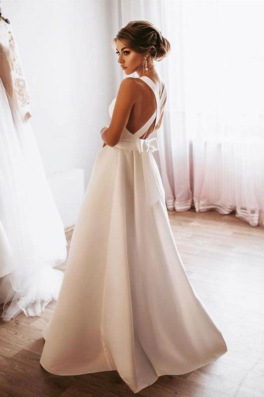 Simple Open Back White Long Prom Dresses, Open Back White Formal Dresses, White Evening Dresses