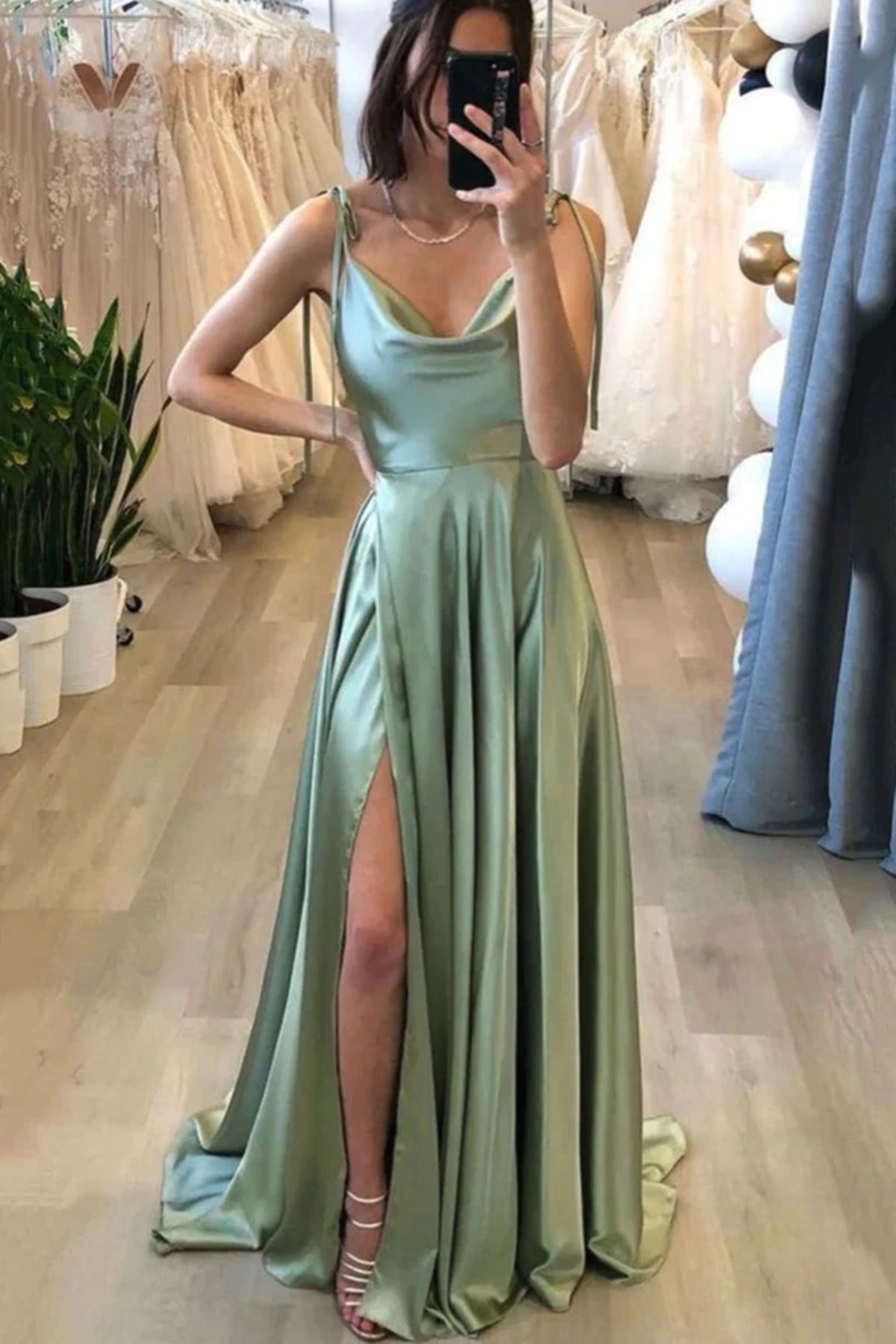 Simple Sage Satin Long Prom Dresses A Line High Slit Sage Formal Graduation Evening Dresses