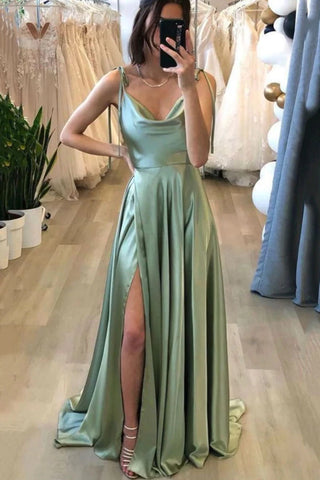 Simple Sage Satin Long Prom Dresses A Line High Slit Sage Formal Graduation Evening Dresses
