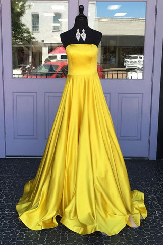 Simple Strapless Yellow Satin Long Prom Dresses, Strapless Yellow Formal Graduation Evening Dresses