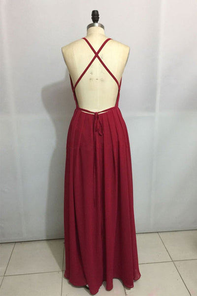 Simple V Neck Backless Burgundy Chiffon Long Prom Dresses, Backless Burgundy Formal Graduation Evening Dresses