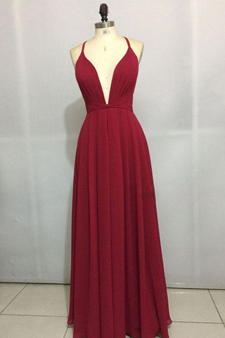 Simple V Neck Backless Burgundy Chiffon Long Prom Dresses, Backless Burgundy Formal Graduation Evening Dresses