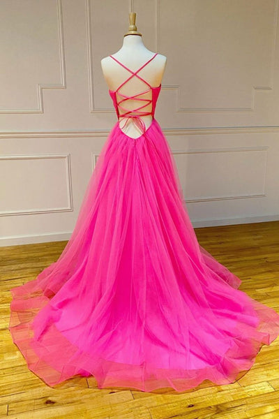 Simple V Neck Backless Hot Pink Long Prom Dresses, Hot Pink Formal Graduation Evening Dresses