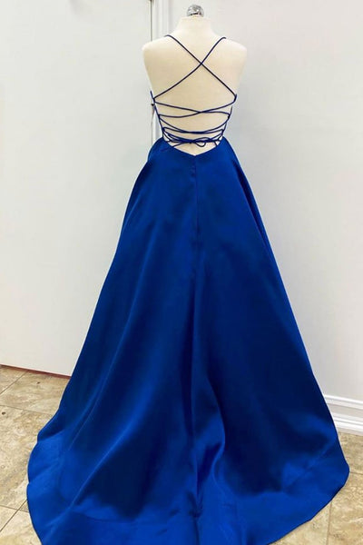 Simple V Neck Backless Royal Blue Satin Long Prom Dresses, V Neck Royal Blue Formal Graduation Evening Dresses