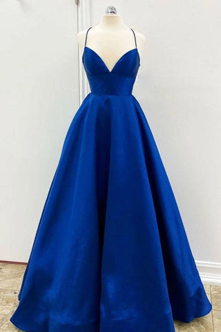 Simple V Neck Backless Royal Blue Satin Long Prom Dresses, V Neck Royal Blue Formal Graduation Evening Dresses