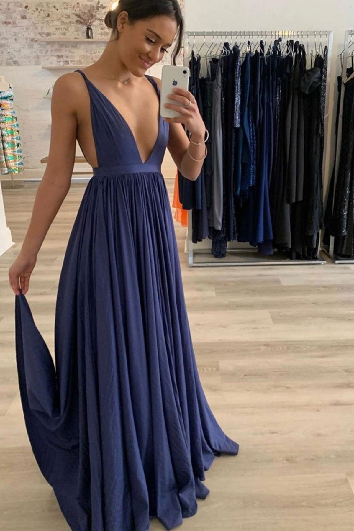 Simple V Neck Blue Long Prom Dresses, Long Blue Formal Graduation Evening Dresses