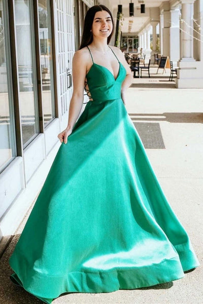 Simple V Neck Green Satin Long Prom Dresses, V Neck Green Formal Dresses, Green Evening Dresses