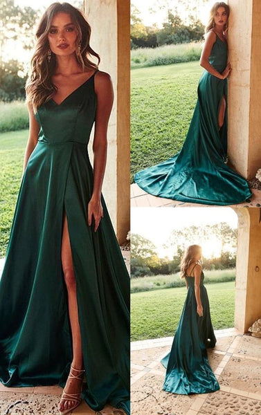 A Line V Neck Green Prom Dresses, Green V Neck Long Formal Graduation Dresses
