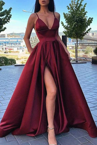 Simple V Neck High Slit Burgundy/Black/Blue Satin Long Prom Dresses, V Neck Burgundy/Black/Blue Formal Graduation Evening Dresses