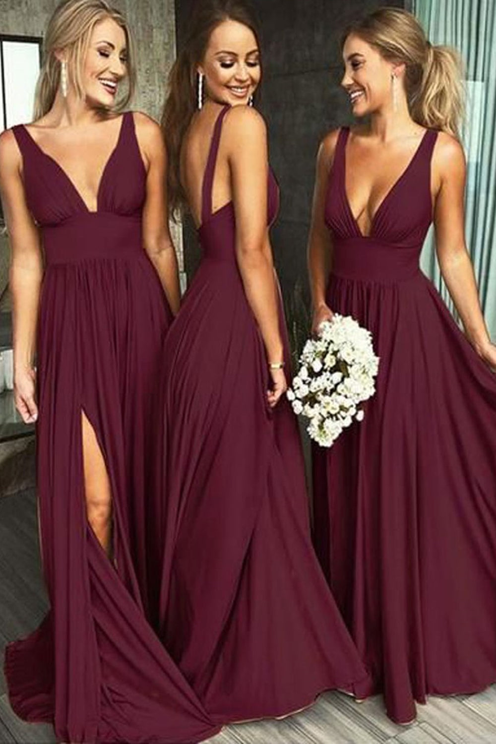 Simple V Neck Open Back Burgundy Long Prom Dresses, Open Back Burgundy Bridesmaid Dresses, Burgundy Formal Evening Dresses