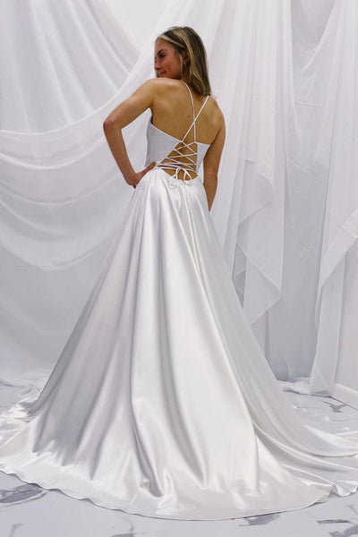 Simple V Neck Open Back White Satin Long Prom Dresses, V Neck White Formal Graduation Evening Dresses