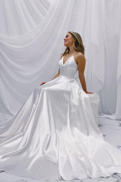 Simple V Neck Open Back White Satin Long Prom Dresses, V Neck White Formal Graduation Evening Dresses