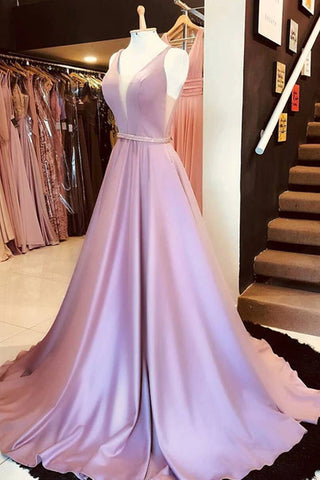 Simple V Neck Pink Satin Long Prom Dresses, V Neck Pink Formal Graduation Evening Dresses