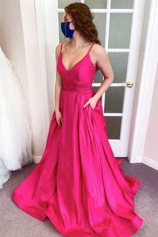 Simple V Neck Pink Satin Long Prom Dresses with Pocket, V Neck Pink Formal Graduation Evening Dresses