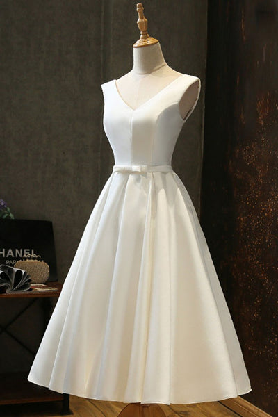 Simple V Neck White Satin Short Prom Dresses, V Neck White Homecoming Dresses, White Formal Dresses