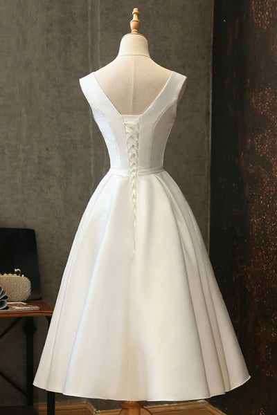 Simple V Neck White Satin Short Prom Dresses, V Neck White Homecoming Dresses, White Formal Dresses