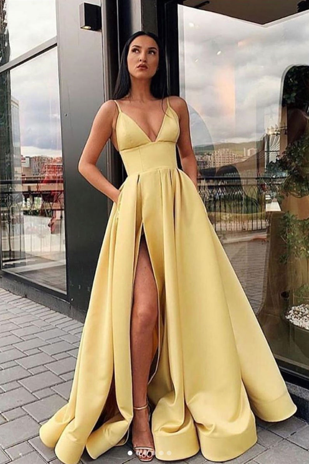 Simple V Neck Yellow Satin Long Prom Dresses, V Neck Yellow Formal Dresses, Yellow Evening Dresses