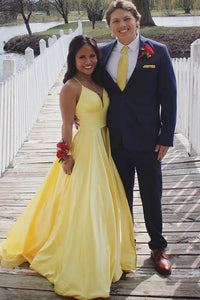 Simple V Neck Yellow Satin Long Prom Dresses, V Neck Yellow Formal Graduation Evening Dresses