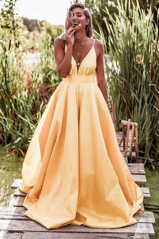 Simple V Neck Yellow Satin Long Prom Dresses, V Neck Yellow Formal Graduation Evening Dresses