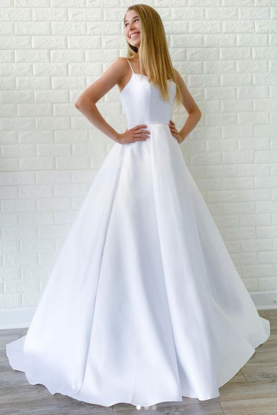 Simple White Satin Long Prom Dresses, Long White Formal Graduation Evening Dresses