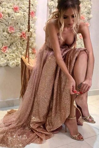Sparkly Rose Gold Long Prom Dresses A Line V Neck Rose Golden Formal Graduation Evening Dresses