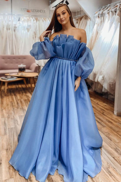 Strapless Blue Tulle Long Prom Dresses with Belt, Long Blue Formal Dresses, Blue Evening Dresses