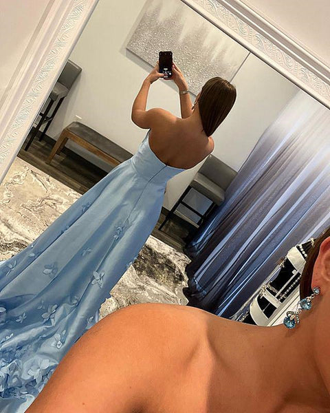 Strapless Light Blue Floral Long Prom Dresses, 3D Flower Long Formal Graduation Dresses