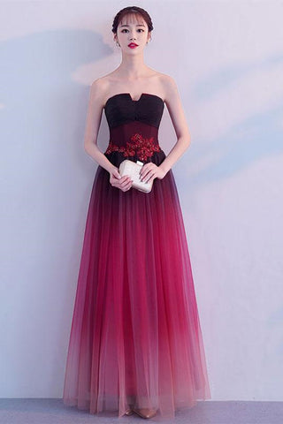 Strapless Open Back Ombre Burgundy Long Prom Dresses, Ombre Burgundy Formal Graduation Evening Dresses