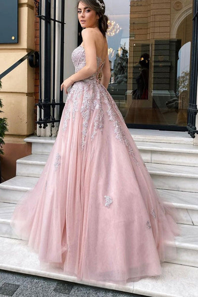Strapless Open Back Pink Tulle Long Prom Dresses with Lace Appliques, Pink Lace Formal Graduation Evening Dresses