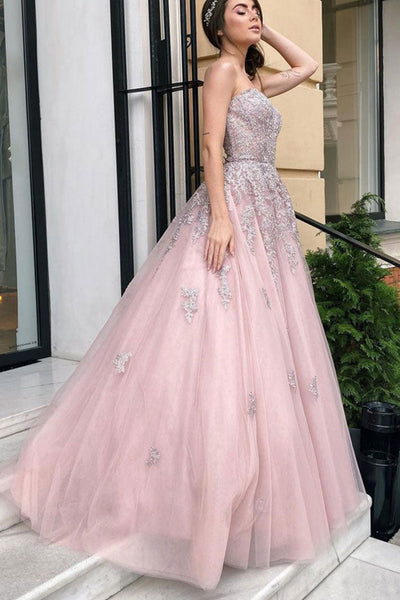 Strapless Open Back Pink Tulle Long Prom Dresses with Lace Appliques, Pink Lace Formal Graduation Evening Dresses