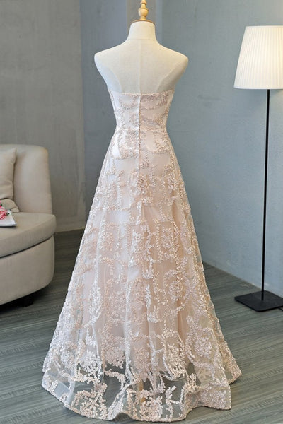 Strapless Pink Lace Long Prom Dresses, Open Back Pink Formal Dresses, Pink Lace Evening Dresses