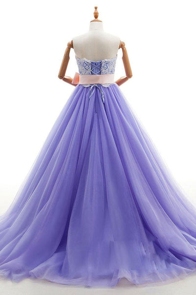 Strapless Purple Tulle Long Prom Dresses with White Lace, Long Purple Formal Dresses, Open Back Purple Evening Dresses