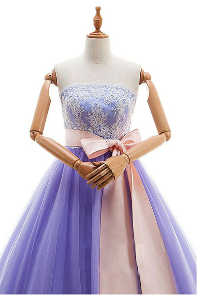 Strapless Purple Tulle Long Prom Dresses with White Lace, Long Purple Formal Dresses, Open Back Purple Evening Dresses