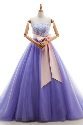 Strapless Purple Tulle Long Prom Dresses with White Lace, Long Purple Formal Dresses, Open Back Purple Evening Dresses