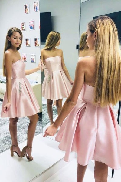 Strapless Short Pink Satin Prom Dresses, Open Back Pink Homecoming Dresses, Pink Short Formal Graduation Evening Dresses