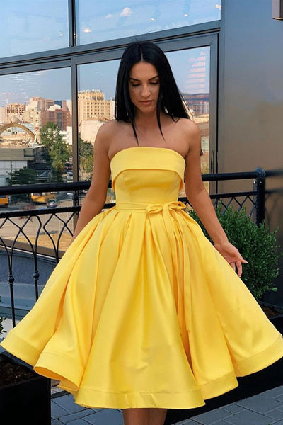 Strapless Yellow Satin Short Prom Dresses, Yellow Homecoming Dresses, Short Yellow Formal Dresses