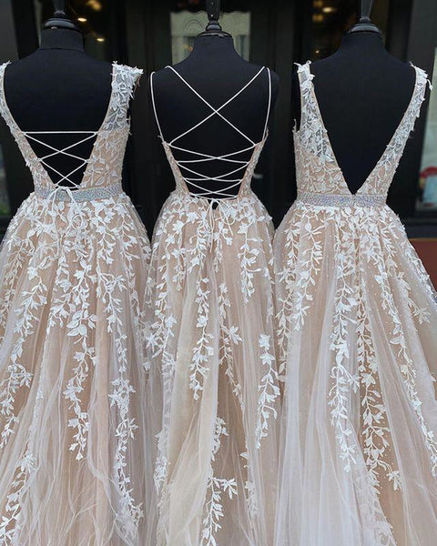 Stylish Champagne Lace Tulle Long Prom Dresses, Open Back Champagne Formal Dresses, Champagne Evening Dresses