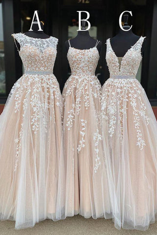 Stylish Champagne Lace Tulle Long Prom Dresses, Open Back Champagne Formal Dresses, Champagne Evening Dresses