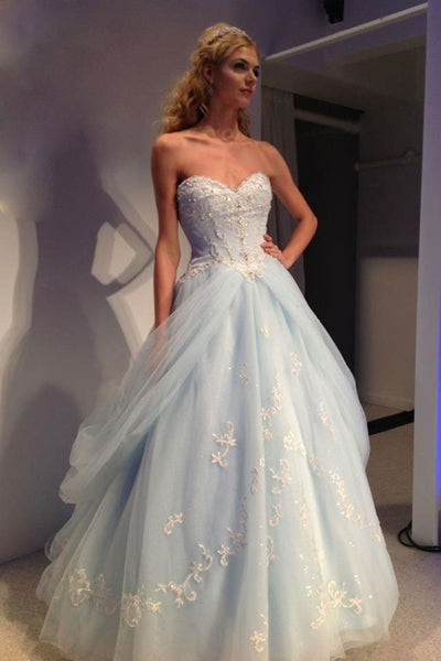 Sweetheart Neck Beaded Blue Lace Appliques Long Prom Dresses, Blue Lace Formal Evening Dresses, Beaded Blue Ball Gown