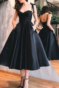 Sweetheart Neck Black Satin Tea Length Prom Dresses, Open Back Short Black Formal Graduation Evening Dresses