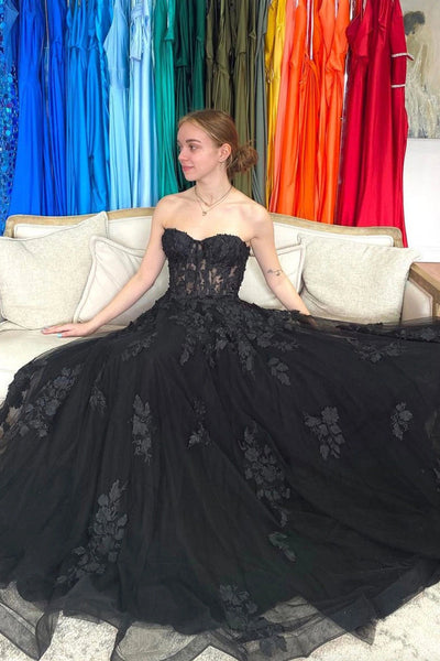 Sweetheart Neck Black Tulle Lace Floral Long Prom Dresses, Strapless Black Lace Formal Graduation Evening Dresses