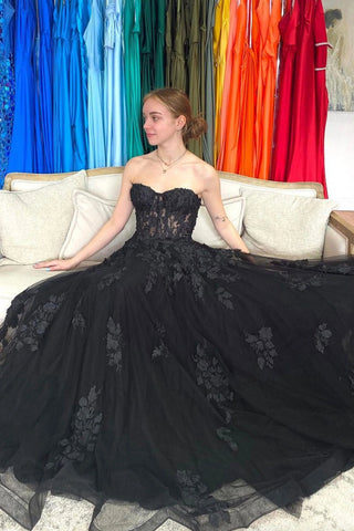 Sweetheart Neck Black Tulle Lace Floral Long Prom Dresses, Strapless Black Lace Formal Graduation Evening Dresses
