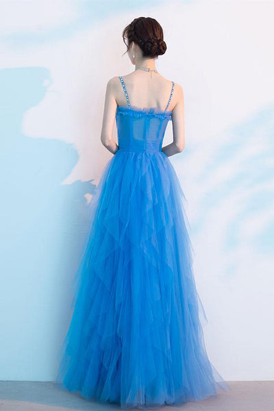 Sweetheart Neck Blue Tulle Long Prom Dresses, Thin Straps Blue Formal Dresses, Blue Evening Dresses
